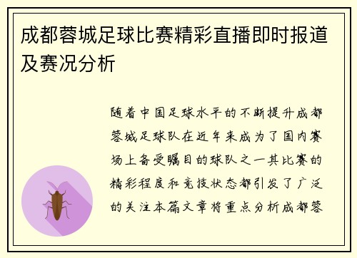 成都蓉城足球比赛精彩直播即时报道及赛况分析